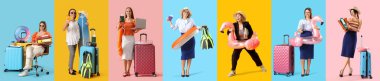 İş kadınlarının kolajı renk arka planında tatile hazır