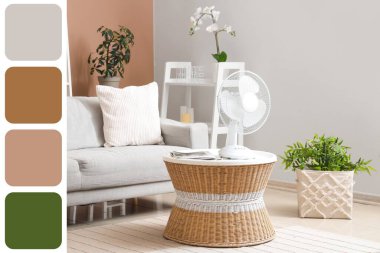 İçinde modern elektrikli vantilatör olan oturma odasının içinde. Farklı renk desenleri