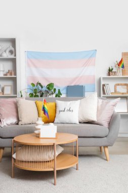 Kanepe, LGBT ve transseksüel bayraklı oturma odası.