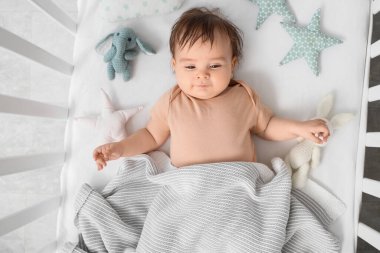 Kareli ve oyuncaklarla beşikte uzanmış şirin bir bebek.