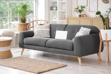 Modern kanepeli oturma odasının içi.