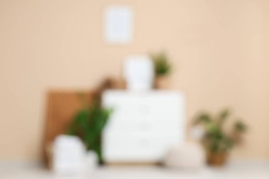 Çekmeceler, ev bitkileri ve bej duvarın yanındaki çerçeve. Bulanık görünüm