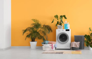 Modern çamaşır makinesi, çamaşır sepetleri ve oda çiçekleri.