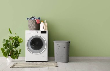 Modern çamaşır makinesi, çamaşır sepeti ve ev bitkisi.