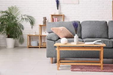 Kitaplar ve güzel lavanta çiçekleriyle aydınlık oturma odasının şık iç mekanı.