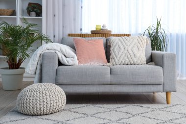 Gri kanepesi, penceresi ve raf ünitesi olan oturma odası.