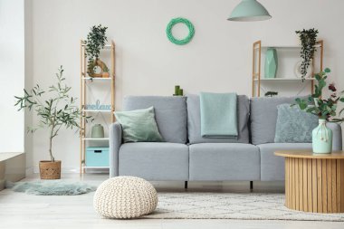 Oturma odasındaki yumuşak kanepe ve kahve masası.