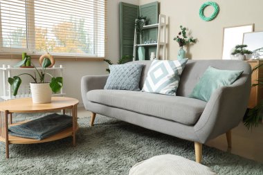 Oturma odasının içinde kanepe, kahve masası ve bitkiler var.