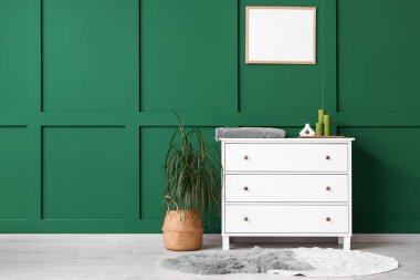 Çekmeceler ve yeşil duvarın yanındaki bitkiler.