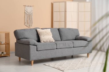 Rahat kanepesi, raf ünitesi ve bej duvarın yanında giyinme ekranı olan şık bir oturma odası.