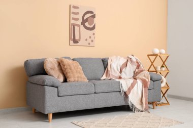 Rahat kanepesi, yastıkları ve bej duvarın yanında raf ünitesi olan şık bir oturma odası.