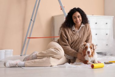 Yeni evdeki tamirat sırasında tatlı Avustralyalı çoban köpeği ve tekerlekli sandalyesi olan mutlu Afro-Amerikan ressam.