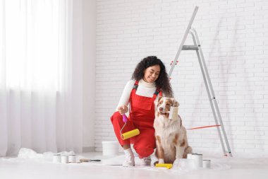 Aletleri olan mutlu Afro-Amerikan ressam ve evde tamir sırasında oturan sevimli Avustralyalı çoban köpeği.