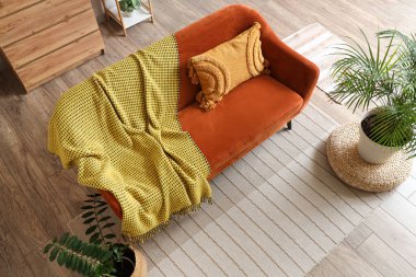 Oturma odasında yastıklı ve sıcak ekoseli kırmızı kanepe.