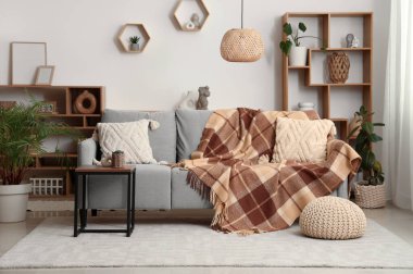 Oturma odasının iç tarafında yumuşak kareli battaniye, puf ve sehpa.