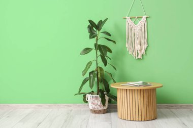 Yeşil duvarın yanında dekoru ve bitkisi olan şık bir kahve masası.