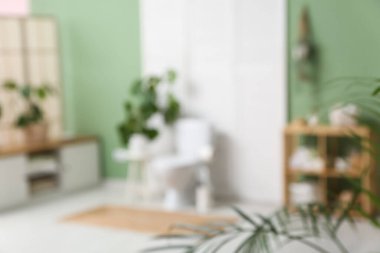 Tuvaletin içinde klozet, saksı ve yeşil duvarın yanında büfe var. Bulanık görünüm