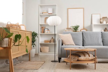 Gri kanepe, lamba ve klozetle aydınlık oturma odasının içinde.