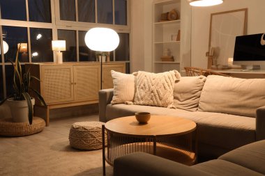 Gri kanepeli, çekmeceli ve parlak lambalı oturma odasının içinde.