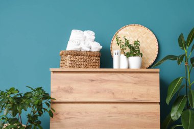 Mavi duvarın yanındaki klozette temiz katlanmış havlular bulunan ev bitkileri ve hasır sepet.