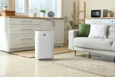 Mutfağın içinde hava temizleyici, kanepe ve tezgah var.