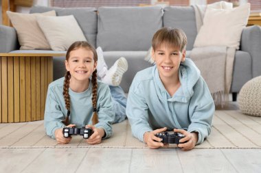 Kız kardeşiyle evde video oyunu oynayan genç bir çocuk.