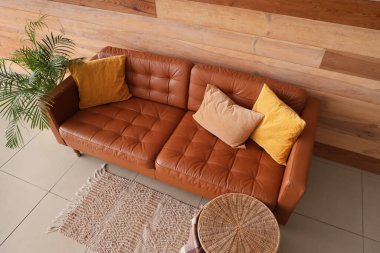 İçinde kahverengi kanepe, palmiye ağacı ve sepeti olan oturma odası.