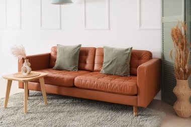 Oturma odasının iç tarafındaki ışıklı duvarın yanında minderleri olan kahverengi kanepe.