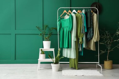 Butikte yeşil duvarın yanında bitkiler olan elbise askısı ve tabure.