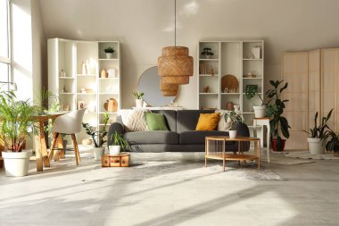 Gri kanepesi, sehpası ve aynası olan şık bir oturma odası.