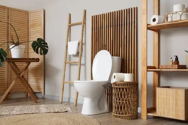 Tuvalet klozeti, merdiveni ve katlanan ekranı olan bir tuvalet.