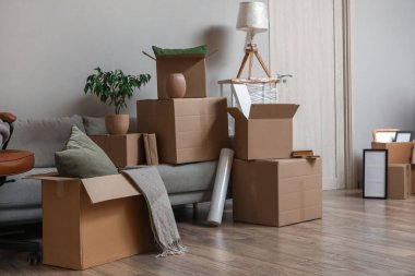 Taşındığı gün odada karton kutular olan gri kanepe.