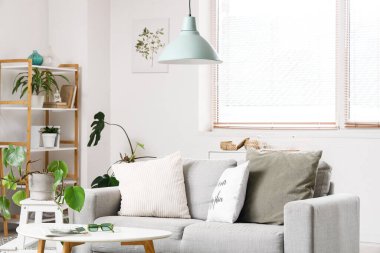 Oturma odasının içinde kanepe, masa ve pencere perdeleri var.