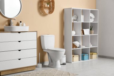 İçinde klozet, lavabo ve raf ünitesi olan şık bir tuvalet.