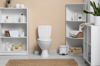 Tuvaletin içinde klozet ve raf üniteleri var.