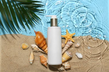 Duş jeli şişesi, farklı deniz kabukları, palmiye yaprağı ve renk arka planında kumun içindeki kum bileşimi