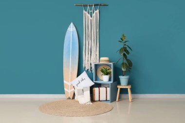 Sörf tahtası, raflar ve bitkilerle dolu bir oda.