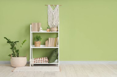 Yeşil duvarın yanında kitapları, dekorasyonu ve bitkileri olan raf ünitesi