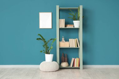 Kitaplı, dekorlu ve mavi duvarlı raflar.