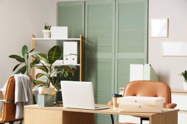 Modern dizüstü bilgisayar şık bir ofiste, farklı ev bitkileriyle.