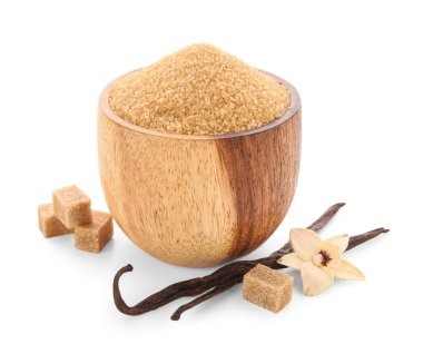 Beyaz arka planda bir kase tatlı vanilya şekeri