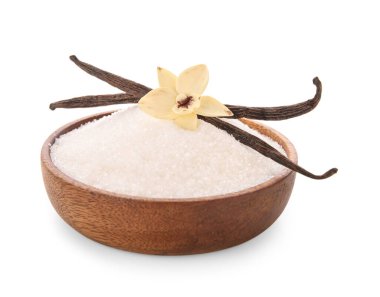 Beyaz arka planda bir kase tatlı vanilya şekeri