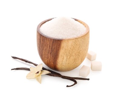 Beyaz arka planda bir kase tatlı vanilya şekeri