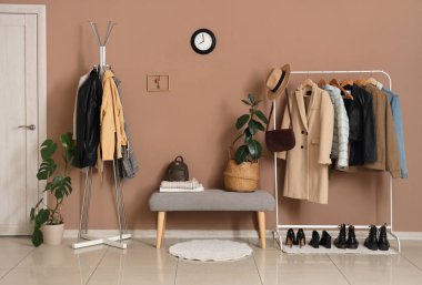 Elbise askısı, gri bank, ev bitkileri ve bej duvarlı anahtar taşıyıcısı olan şık bir salon.