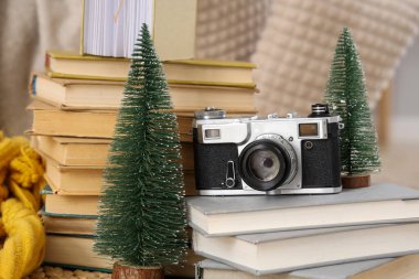 Fotoğraf makinesi, kitaplar ve hasır pouf üzerine mini Noel ağaçları oturma odasında, yakın plan.