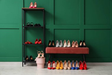 Odanın içinde raf ünitesi, pembe bank ve kadın ayakkabıları var.