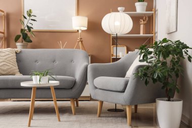 Gri koltuğu, kanepesi ve lambası olan oturma odasının içinde.