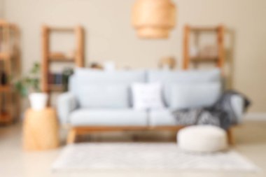 Oturma odası, kanepe ve kitap raflarıyla bulanık görünüyor.