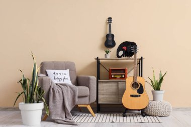 Oturma odasının içinde gitarlar, koltuklar ve bitkiler var.