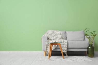 Gri koltuklu, kahve masalı ve vazoda bambu saplı şık bir oturma odası.